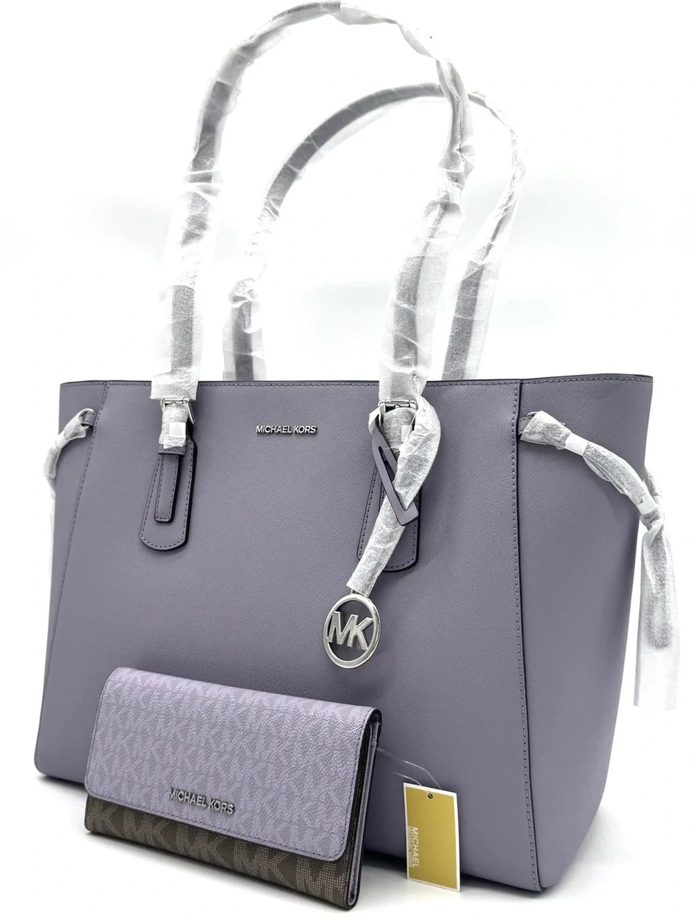 Michael Kors Voyager Large Leather Tote Bag w Matching Trifold Wallet - Lilac